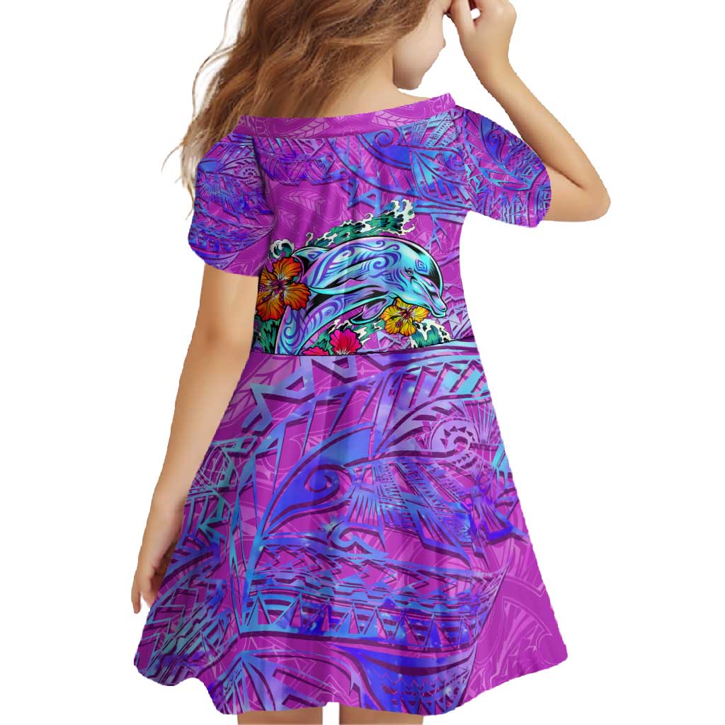 Personalized Dolphin Polynesia Family Matching Short Sleeve Bodycon Dress and Hawaiian Shirt Hibiscus Tropical Wave - Purple Vibes