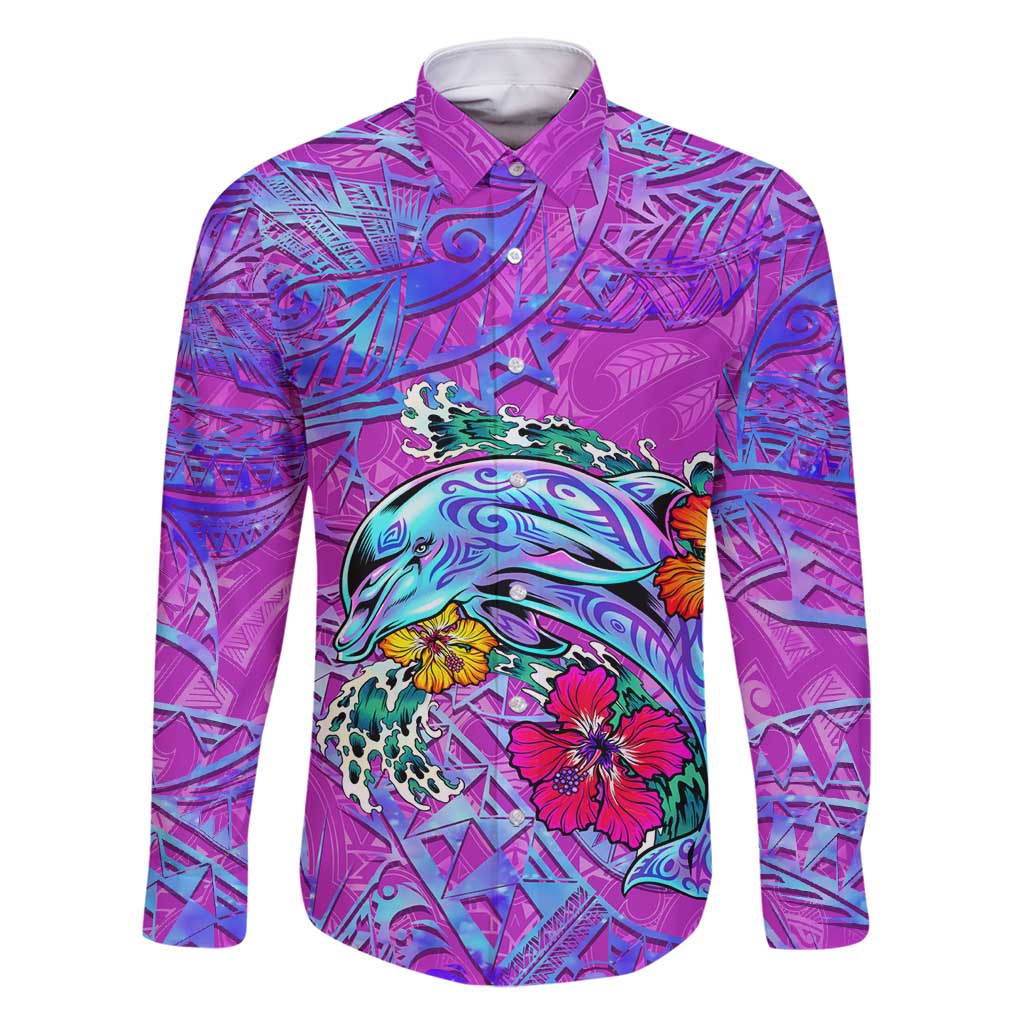 Personalized Dolphin Polynesia Family Matching Tank Maxi Dress and Hawaiian Shirt Hibiscus Tropical Wave - Purple Vibes