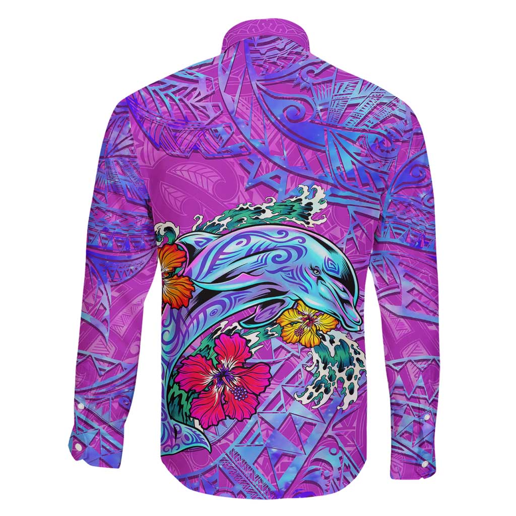 Personalized Dolphin Polynesia Family Matching Tank Maxi Dress and Hawaiian Shirt Hibiscus Tropical Wave - Purple Vibes