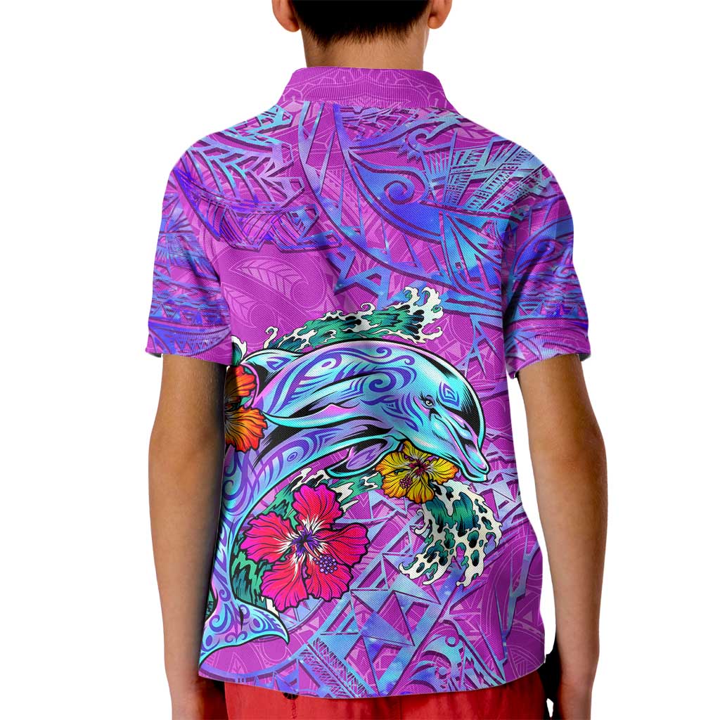 Personalized Dolphin Polynesia Kid Polo Shirt Hibiscus Tropical Wave - Purple Vibes