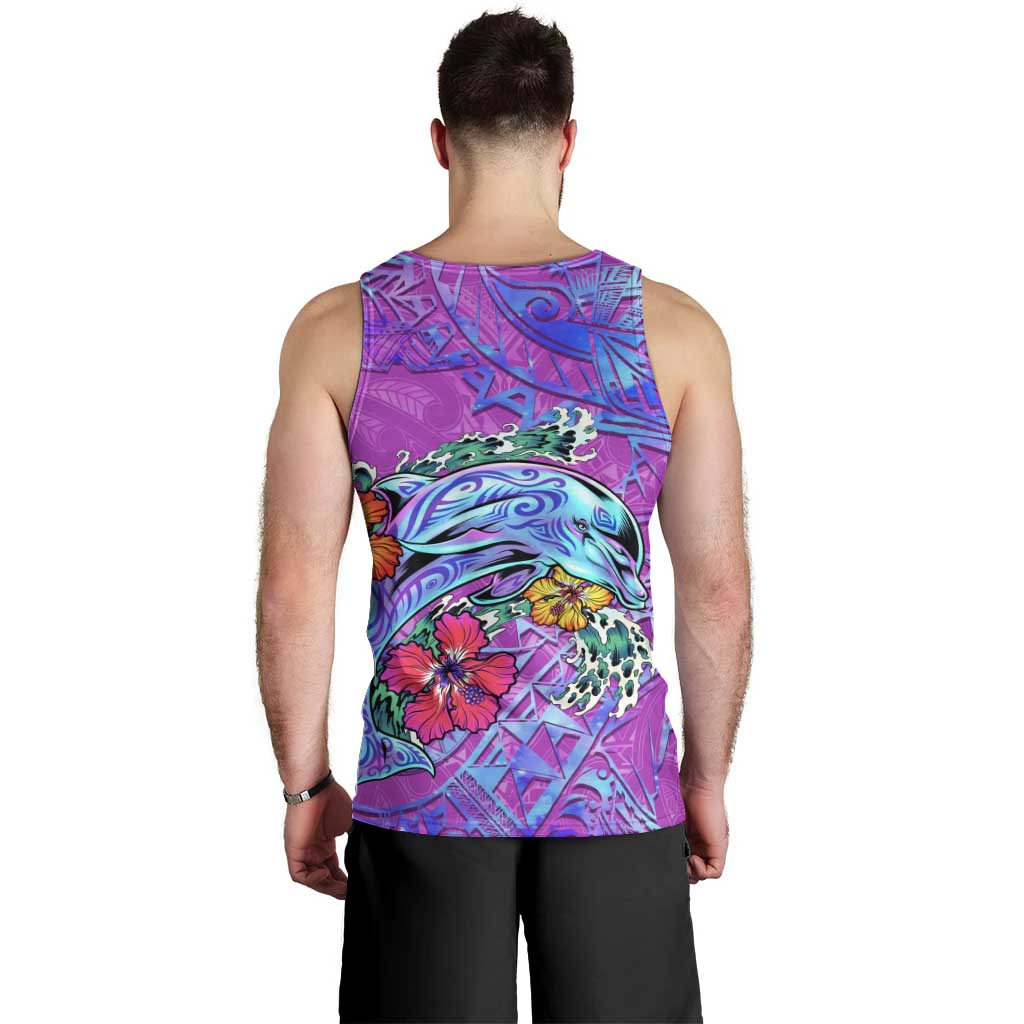 Personalized Dolphin Polynesia Men Tank Top Hibiscus Tropical Wave - Purple Vibes
