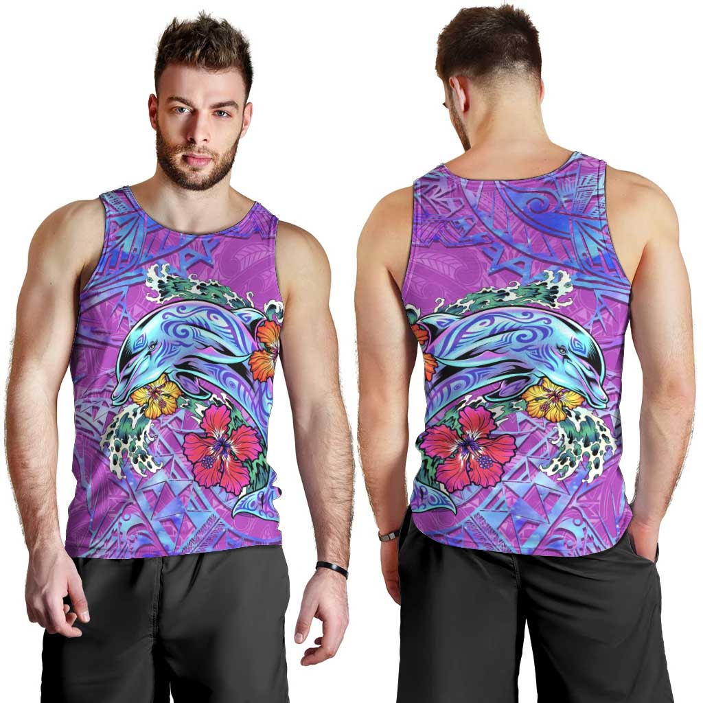 Personalized Dolphin Polynesia Men Tank Top Hibiscus Tropical Wave - Purple Vibes