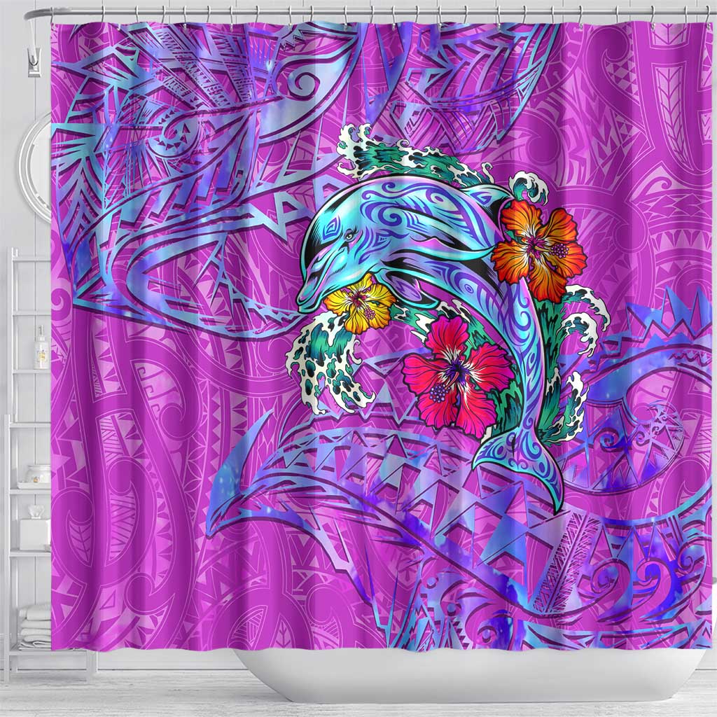 Dolphin Polynesia Shower Curtain Hibiscus Tropical Wave - Purple Vibes
