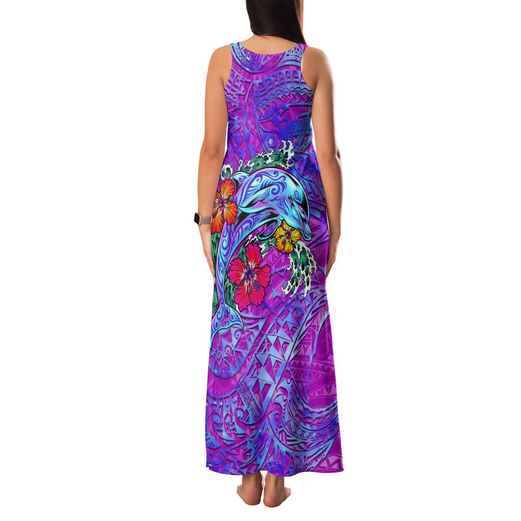 Personalized Dolphin Polynesia Tank Maxi Dress Hibiscus Tropical Wave - Purple Vibes