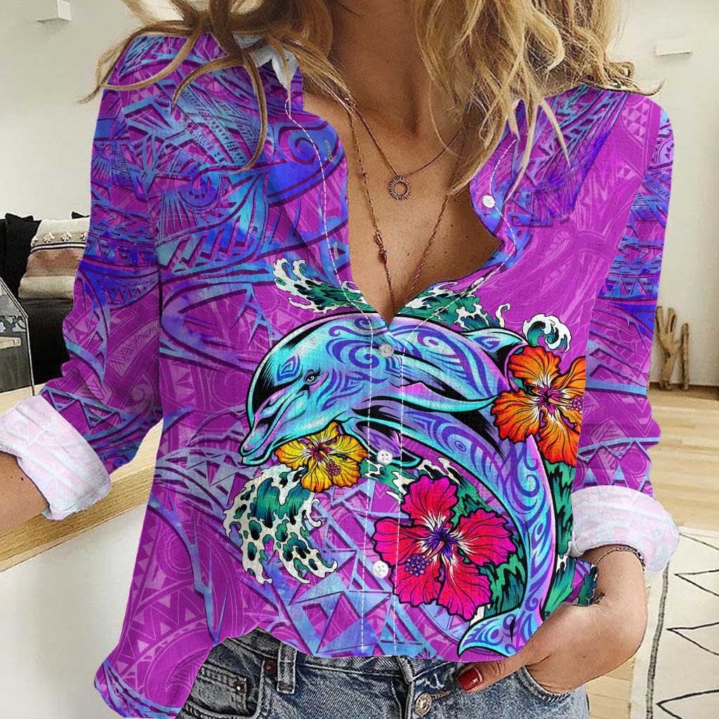 Personalized Dolphin Polynesia Women Casual Shirt Hibiscus Tropical Wave - Purple Vibes