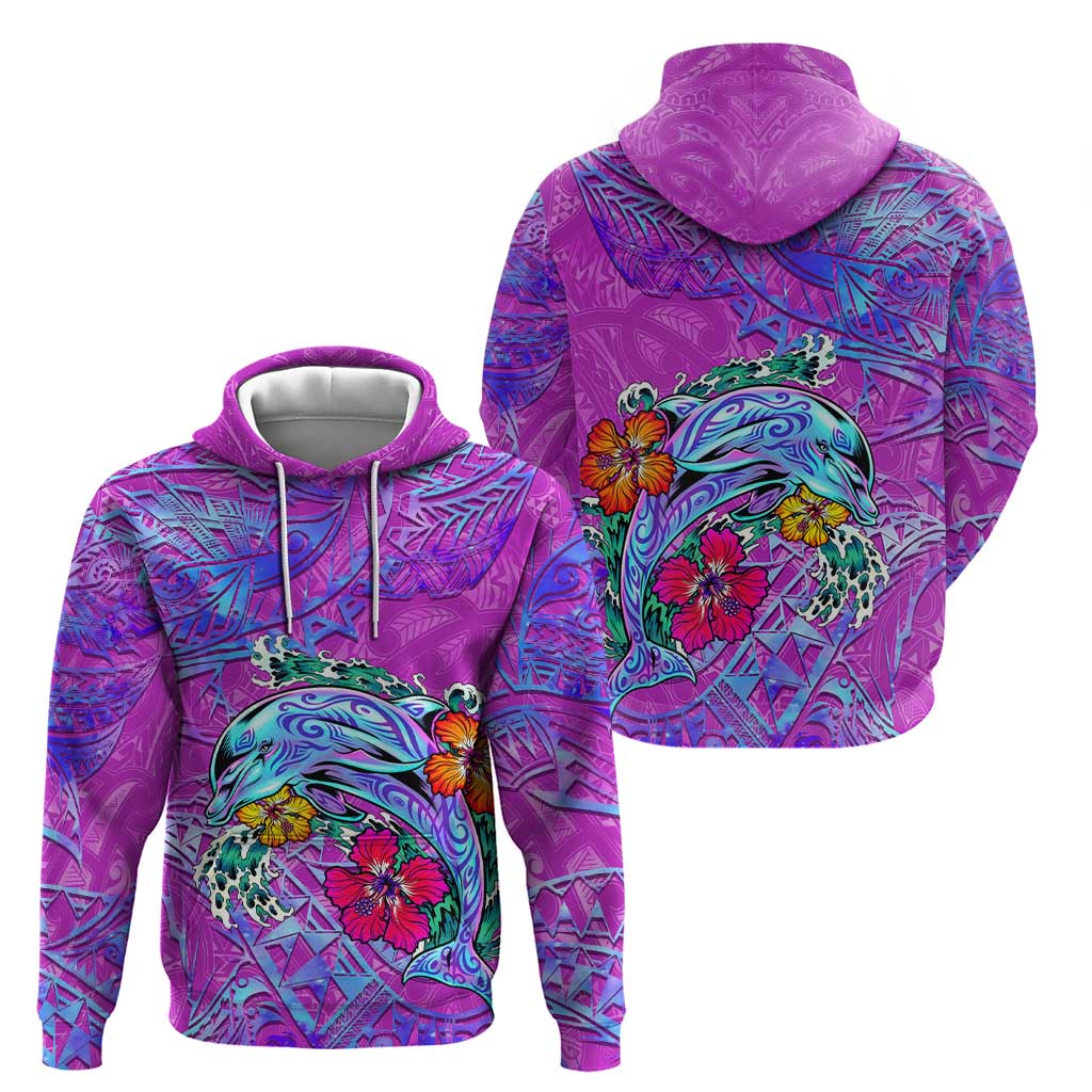 Personalized Dolphin Polynesia Zip Hoodie Hibiscus Tropical Wave - Purple Vibes