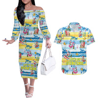 Surfing Christmas Couples Matching Off The Shoulder Long Sleeve Dress and Hawaiian Shirt Tropical Santa Let's Go Surfing DT02 Art - Polynesian Pride