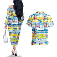 Surfing Christmas Couples Matching Off The Shoulder Long Sleeve Dress and Hawaiian Shirt Tropical Santa Let's Go Surfing DT02 - Polynesian Pride