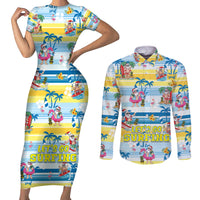Surfing Christmas Couples Matching Short Sleeve Bodycon Dress and Long Sleeve Button Shirt Tropical Santa Let's Go Surfing DT02 Art - Polynesian Pride