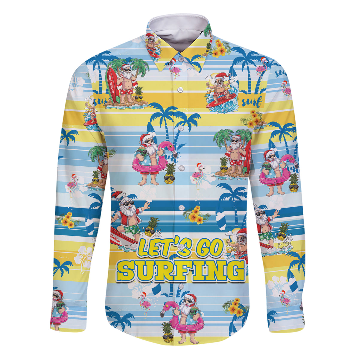 Surfing Christmas Family Matching Short Sleeve Bodycon Dress and Hawaiian Shirt Tropical Santa Let's Go Surfing DT02 Dad's Shirt - Long Sleeve Art - Polynesian Pride
