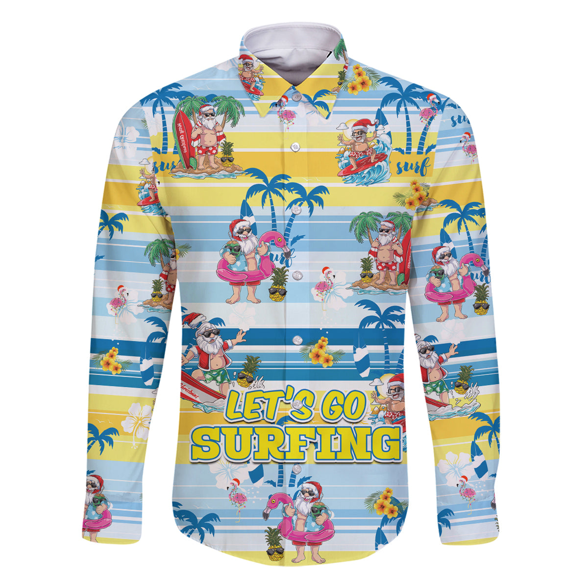 Surfing Christmas Family Matching Tank Maxi Dress and Hawaiian Shirt Tropical Santa Let's Go Surfing DT02 Dad's Shirt - Long Sleeve Art - Polynesian Pride