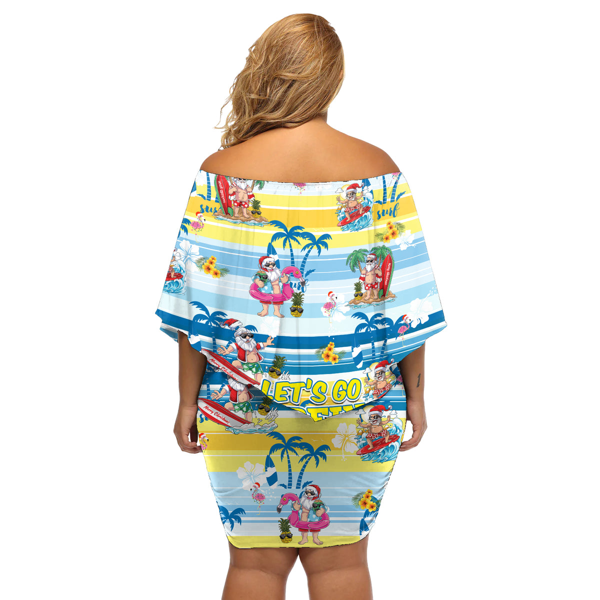 Surfing Christmas Off Shoulder Short Dress Tropical Santa Let's Go Surfing DT02 - Polynesian Pride