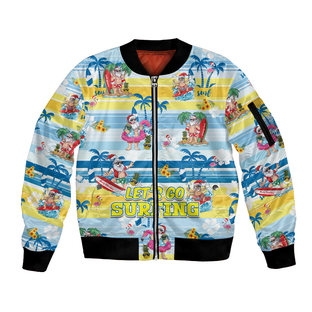 Surfing Christmas Sleeve Zip Bomber Jacket Tropical Santa Let's Go Surfing DT02 Unisex Art - Polynesian Pride