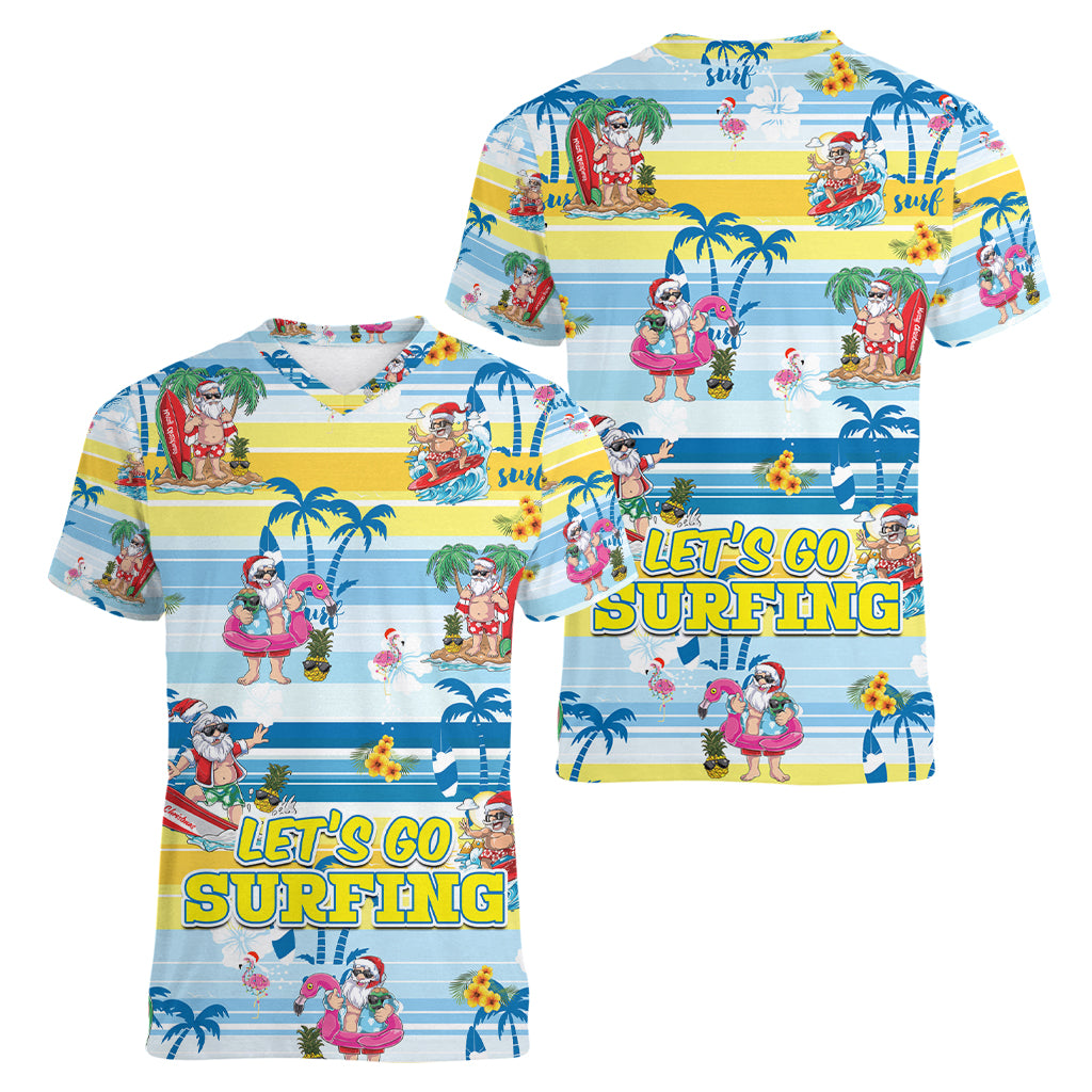 Surfing Christmas Women V Neck T Shirt Tropical Santa Let's Go Surfing DT02 - Polynesian Pride