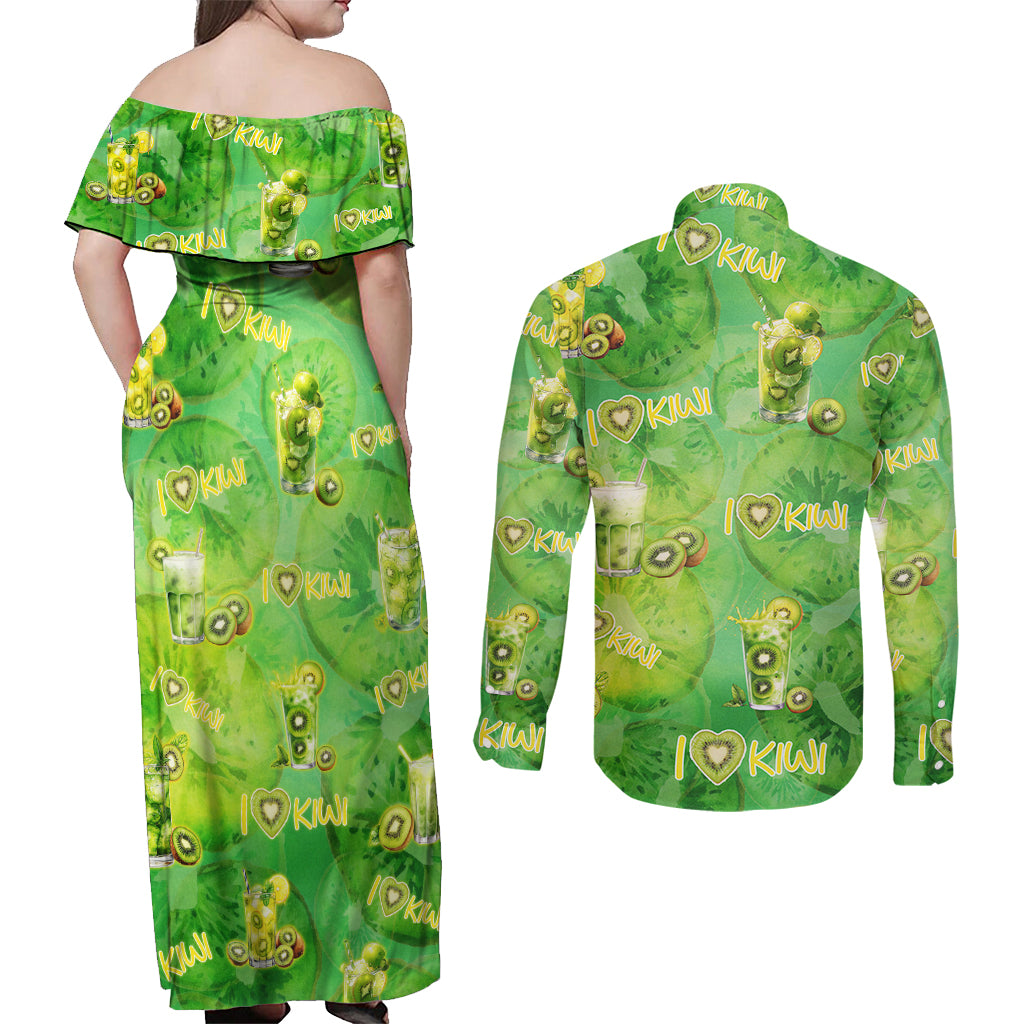 I Love Kiwi Couples Matching Off Shoulder Maxi Dress and Long Sleeve Button Shirt New Zealand Kiwi Fruit Summer Cocktail