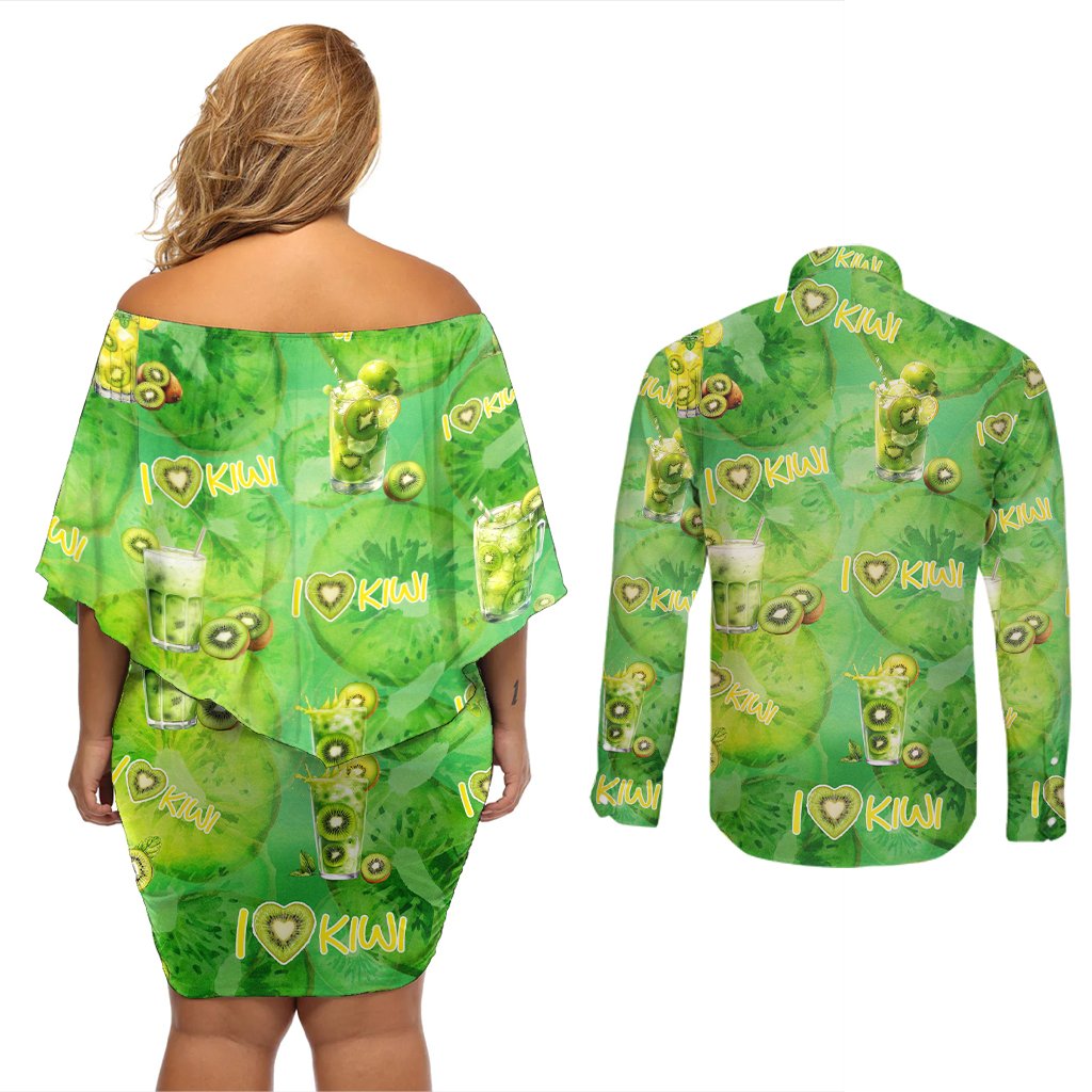 I Love Kiwi Couples Matching Off Shoulder Short Dress and Long Sleeve Button Shirt New Zealand Kiwi Fruit Summer Cocktail