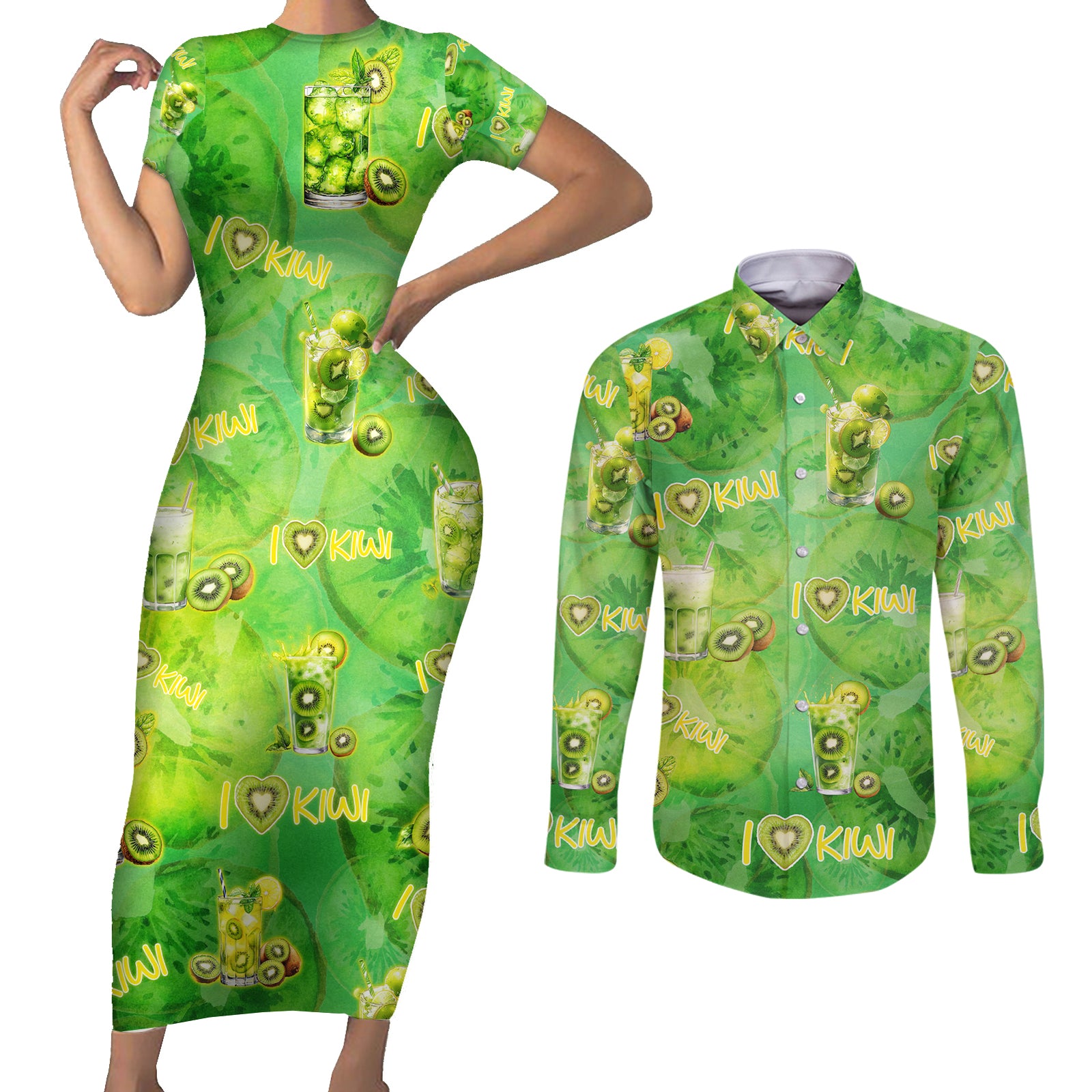 I Love Kiwi Couples Matching Short Sleeve Bodycon Dress and Long Sleeve Button Shirt New Zealand Kiwi Fruit Summer Cocktail