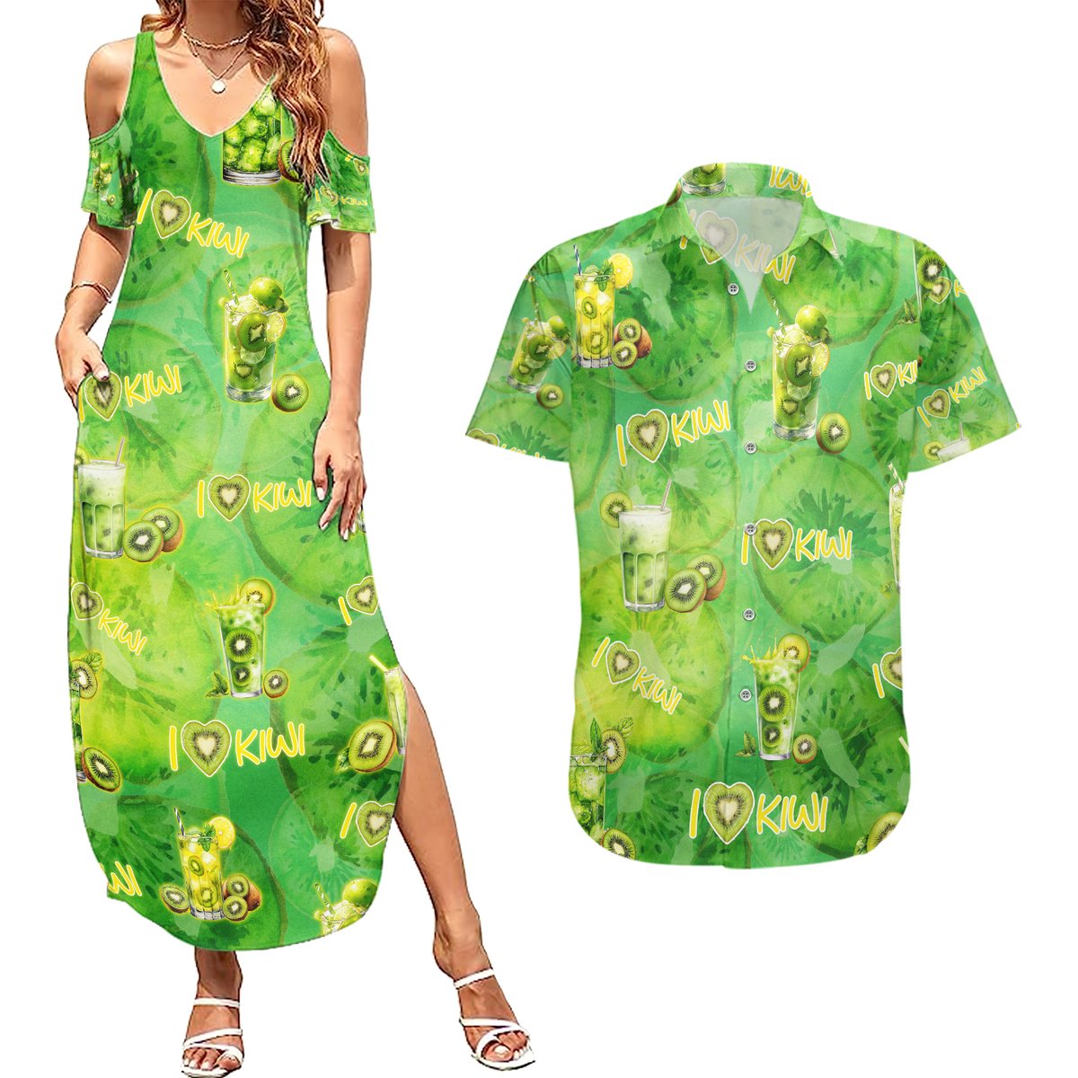I Love Kiwi Couples Matching Summer Maxi Dress and Hawaiian Shirt New Zealand Kiwi Fruit Summer Cocktail