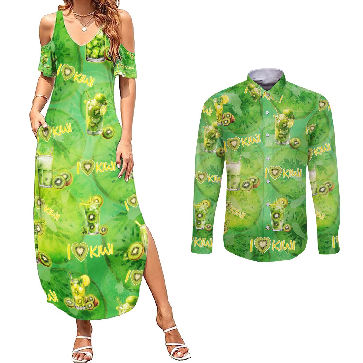I Love Kiwi Couples Matching Summer Maxi Dress and Long Sleeve Button Shirt New Zealand Kiwi Fruit Summer Cocktail