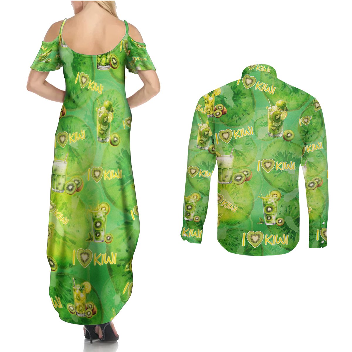 I Love Kiwi Couples Matching Summer Maxi Dress and Long Sleeve Button Shirt New Zealand Kiwi Fruit Summer Cocktail