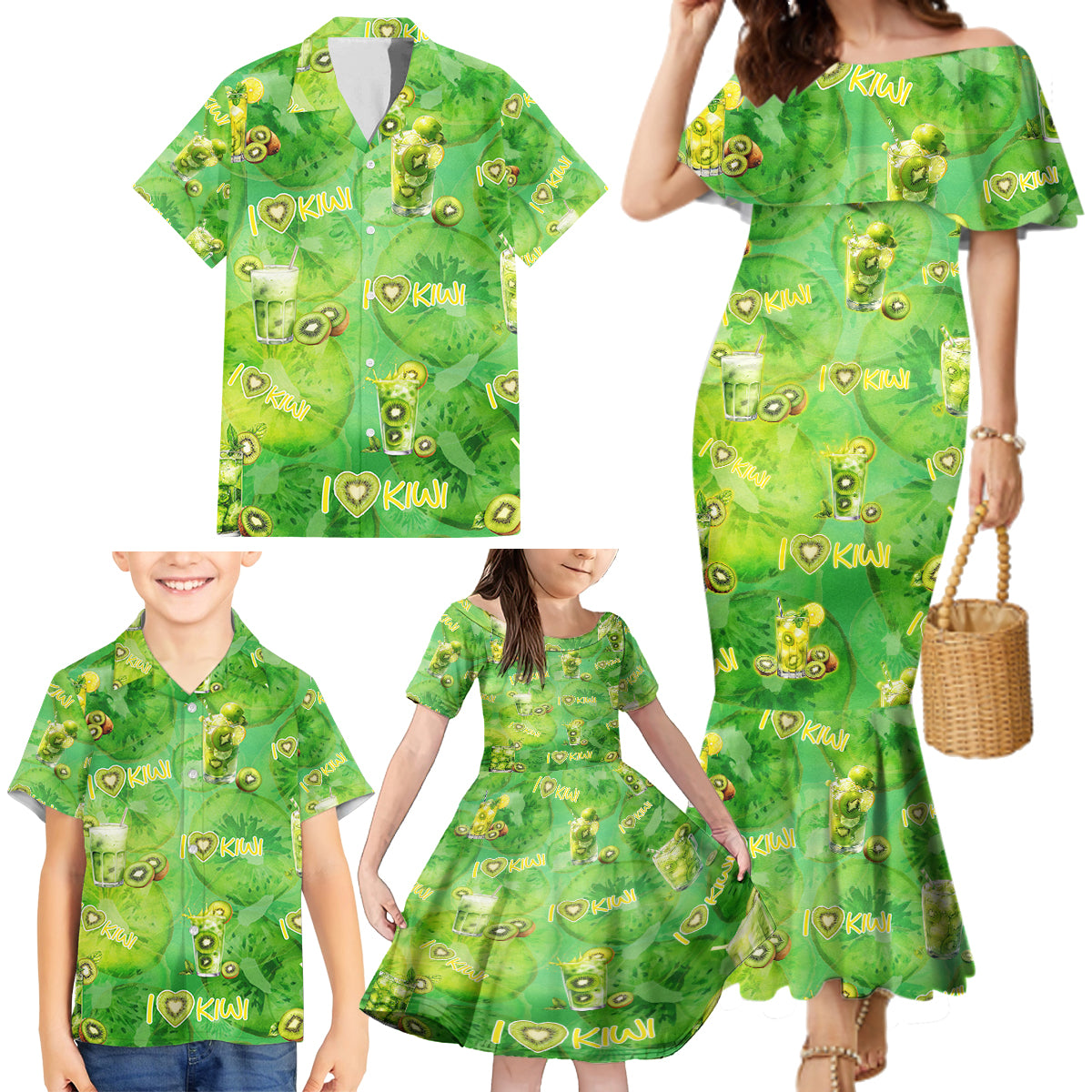 I Love Kiwi Family Matching Mermaid Dress and Hawaiian Shirt New Zealand Kiwi Fruit Summer Cocktail