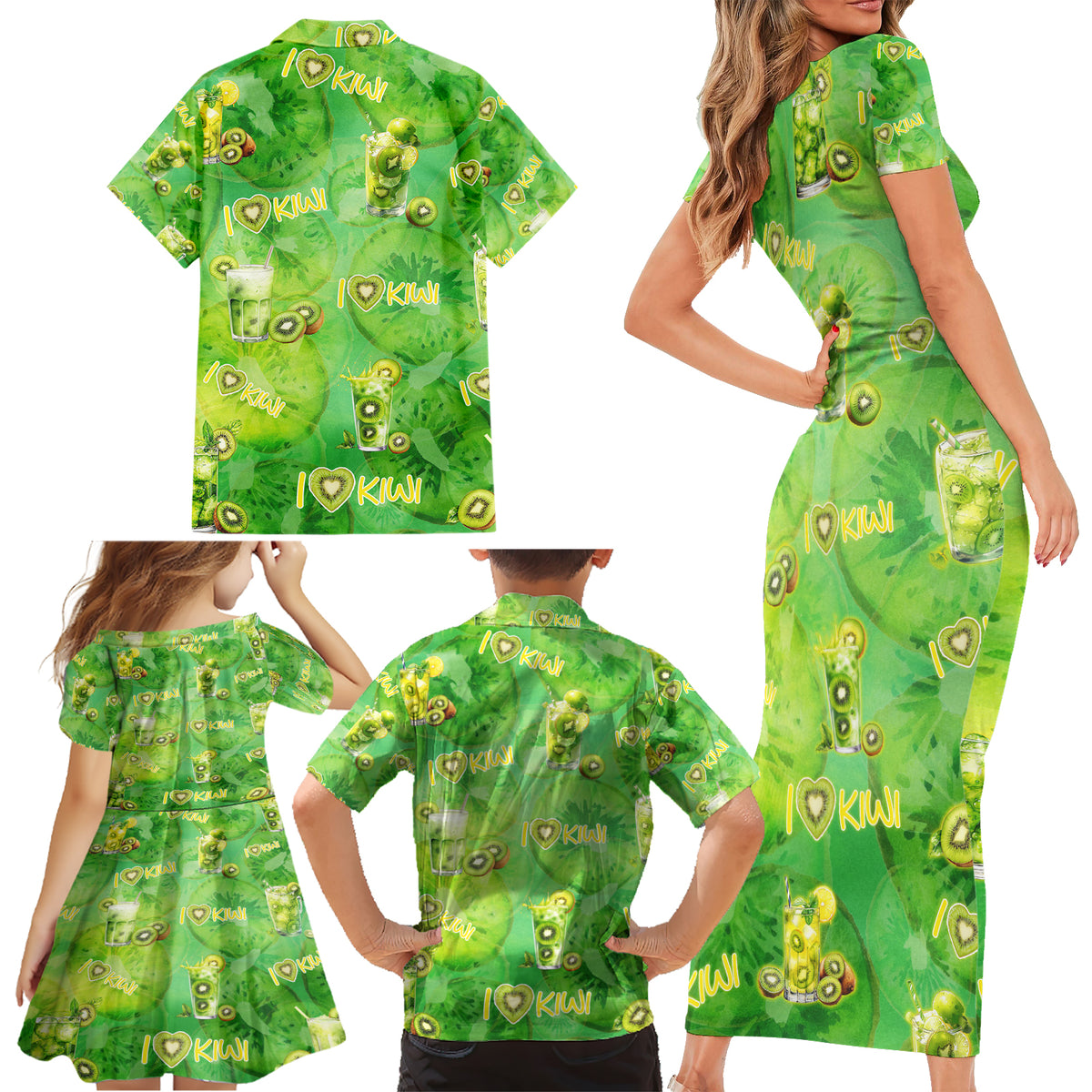I Love Kiwi Family Matching Short Sleeve Bodycon Dress and Hawaiian Shirt New Zealand Kiwi Fruit Summer Cocktail