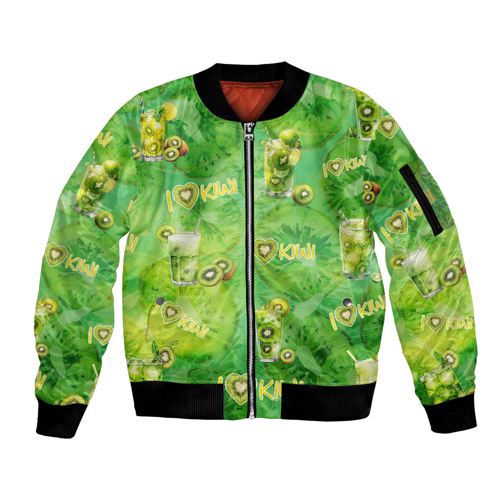I Love Kiwi Sleeve Zip Bomber Jacket New Zealand Kiwi Fruit Summer Cocktail