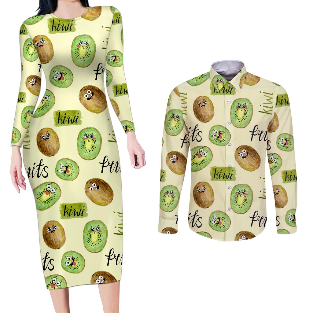 Kiwi Cute Humorous Couples Matching Long Sleeve Bodycon Dress and Long Sleeve Button Shirt New Zealand Fruit