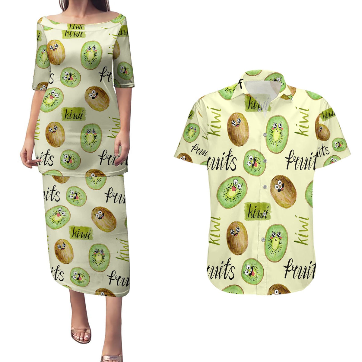 Kiwi Cute Humorous Couples Matching Puletasi and Hawaiian Shirt New Zealand Fruit