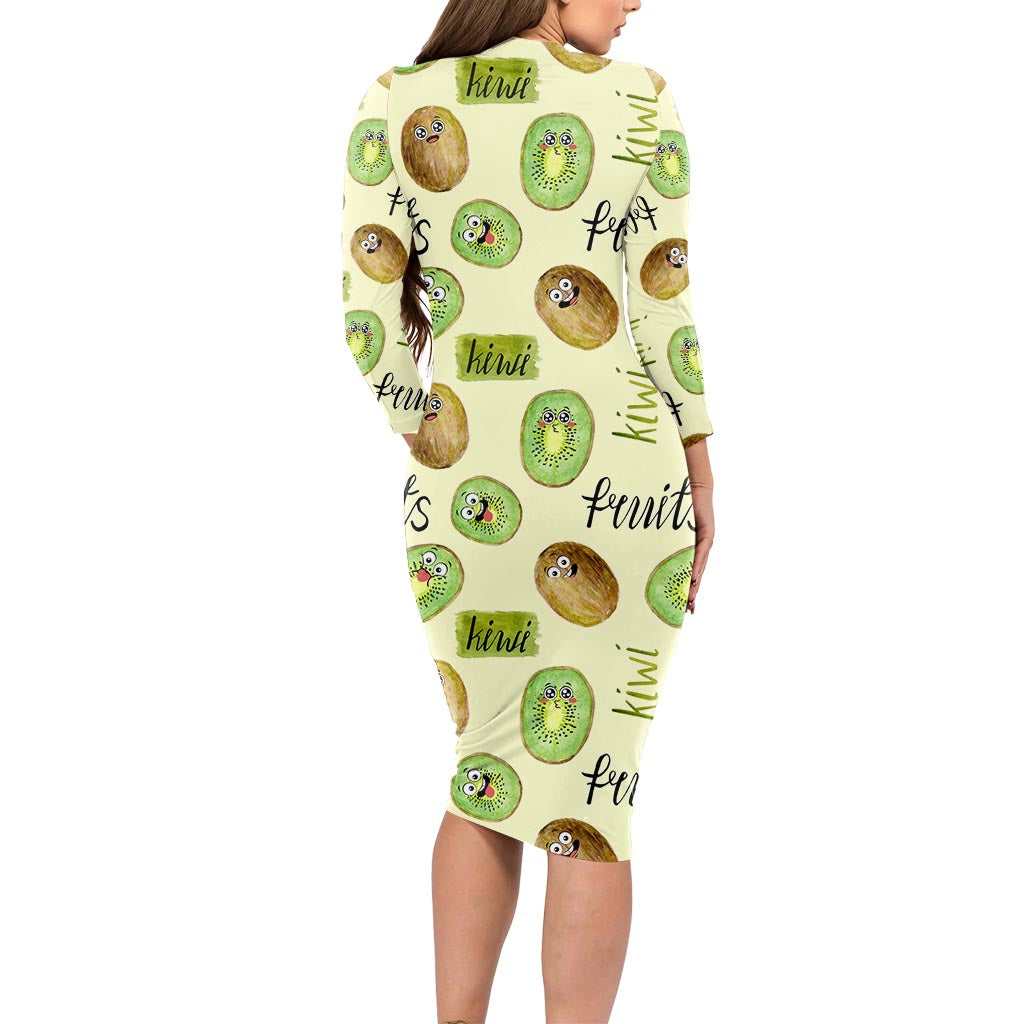 Kiwi Cute Humorous Long Sleeve Bodycon Dress New Zealand Fruit