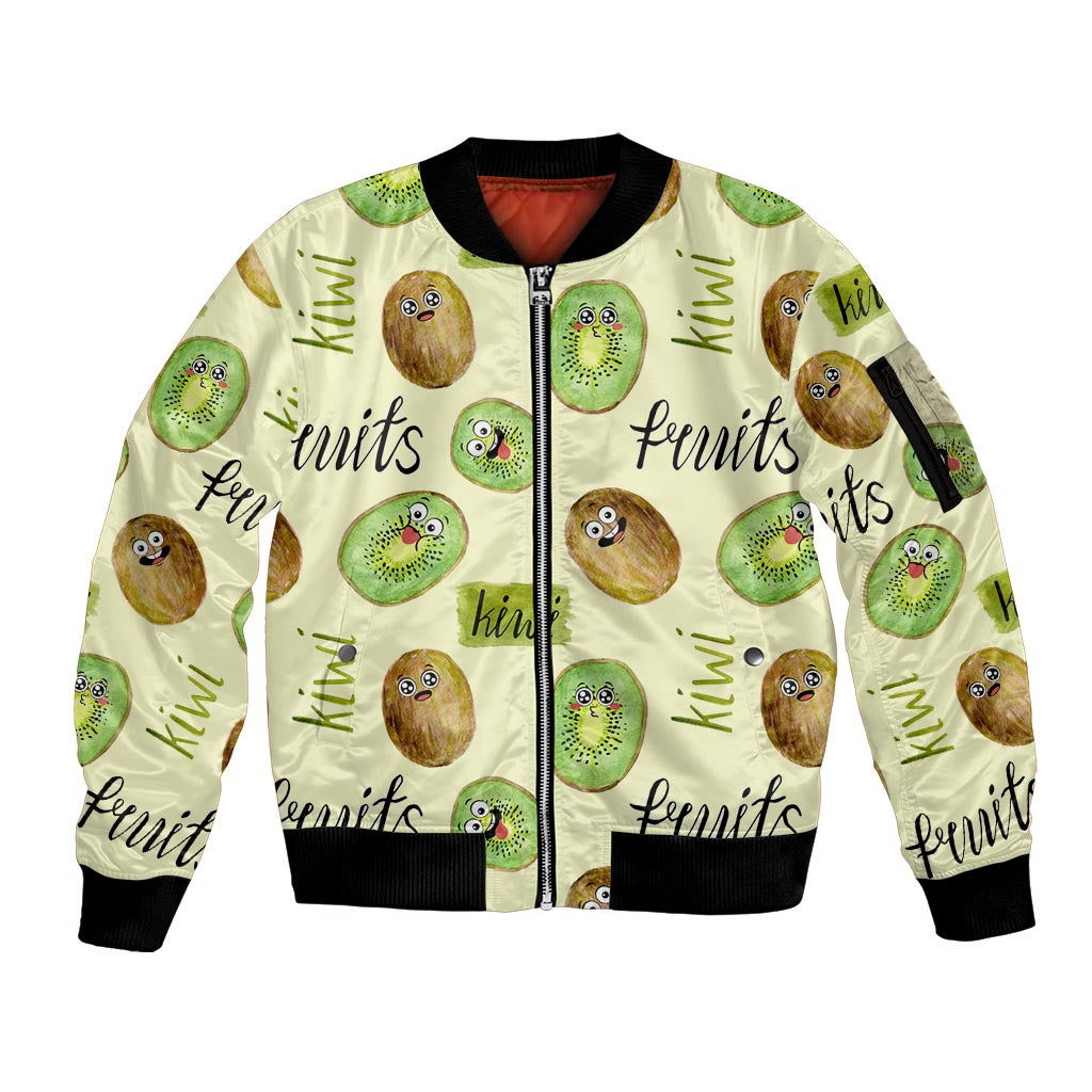 Kiwi Cute Humorous Sleeve Zip Bomber Jacket New Zealand Fruit
