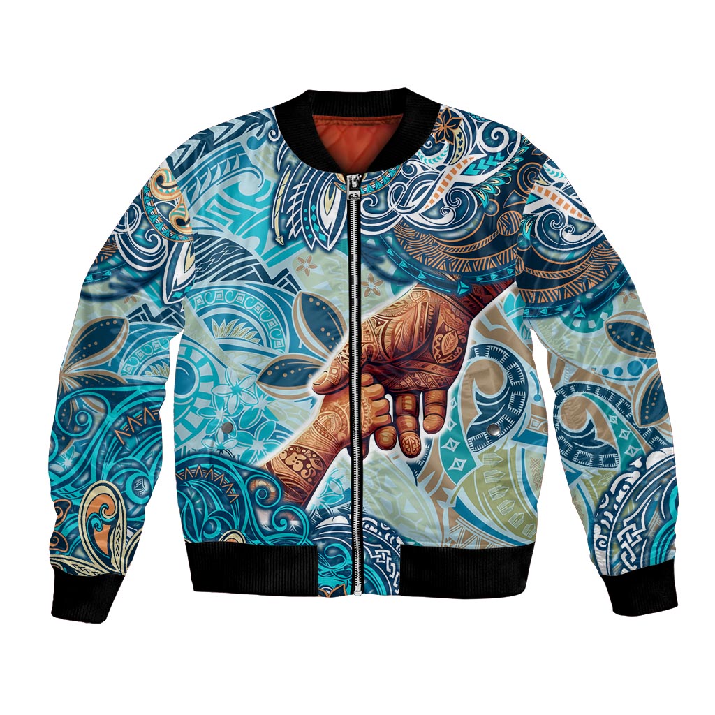 Hand In Hand Father's Day Polynesian Bomber Jacket Tribal Flower Pattern