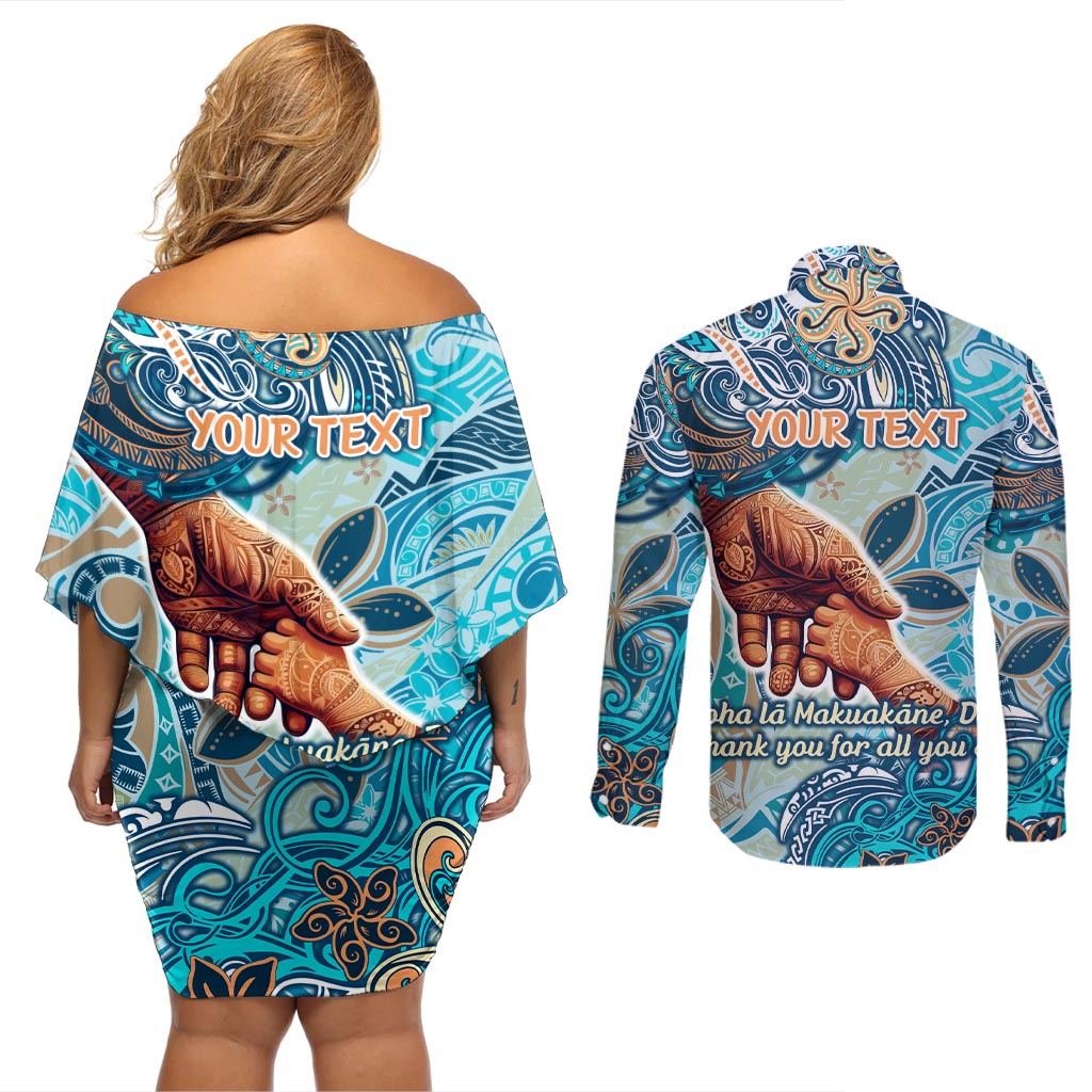 Hand In Hand Father's Day Polynesian Couples Matching Off Shoulder Short Dress and Long Sleeve Button Shirt Tribal Flower Pattern