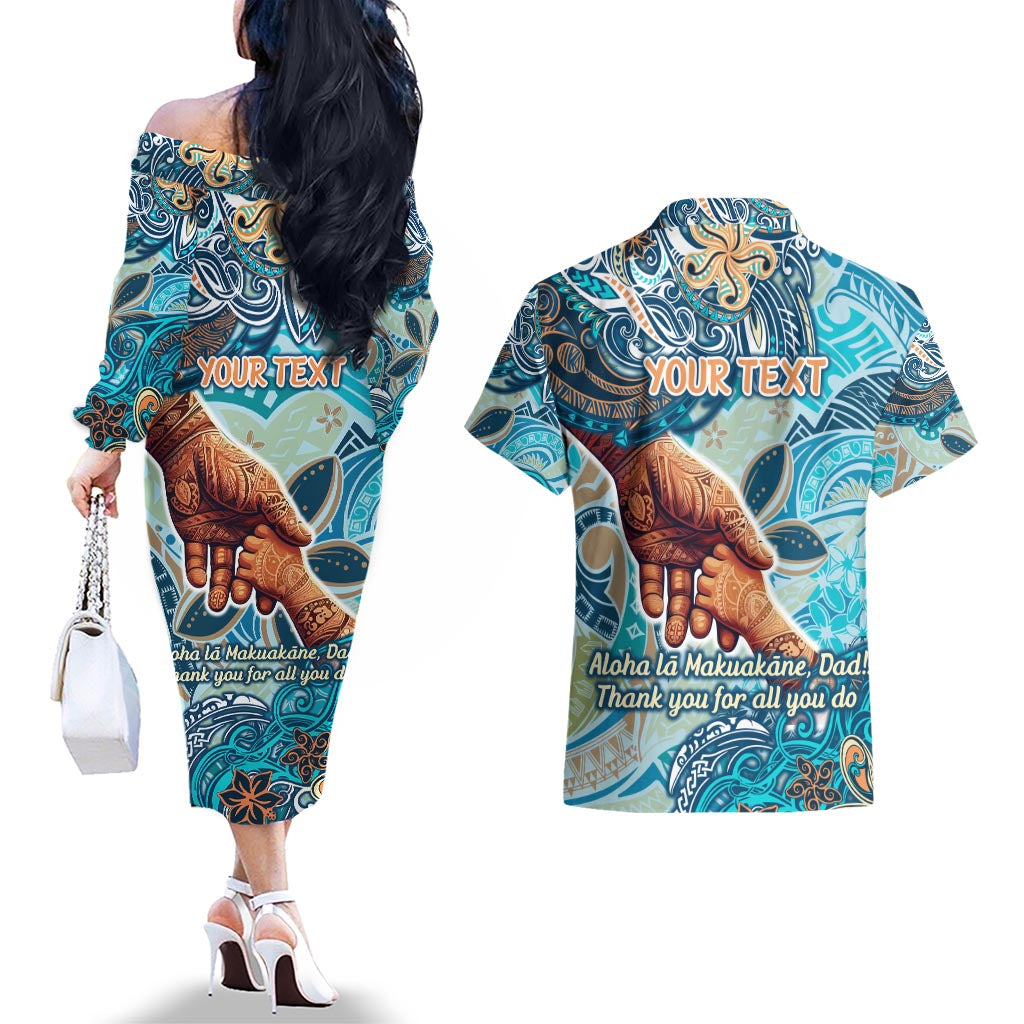 Hand In Hand Father's Day Polynesian Couples Matching Off The Shoulder Long Sleeve Dress and Hawaiian Shirt Tribal Flower Pattern
