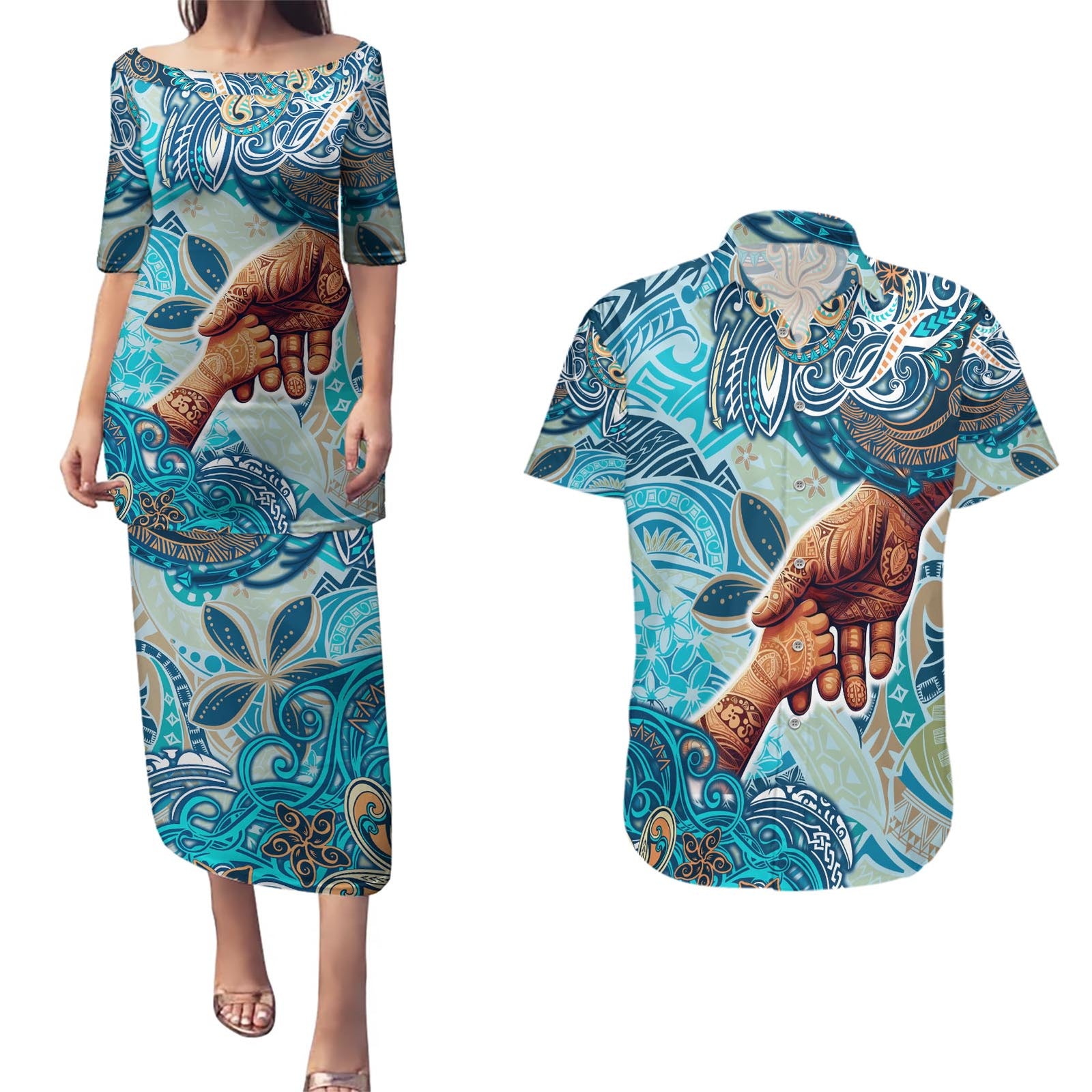 Hand In Hand Father's Day Polynesian Couples Matching Puletasi and Hawaiian Shirt Tribal Flower Pattern
