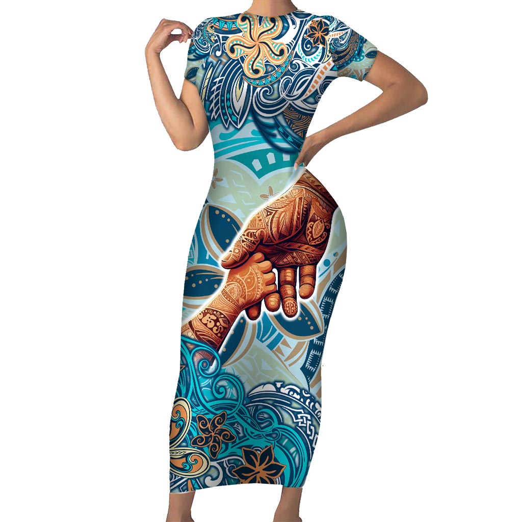 Hand In Hand Father's Day Polynesian Short Sleeve Bodycon Dress Tribal Flower Pattern DT02 Long Dress Blue - Polynesian Pride