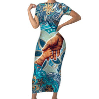 Hand In Hand Father's Day Polynesian Short Sleeve Bodycon Dress Tribal Flower Pattern DT02 Long Dress Blue - Polynesian Pride