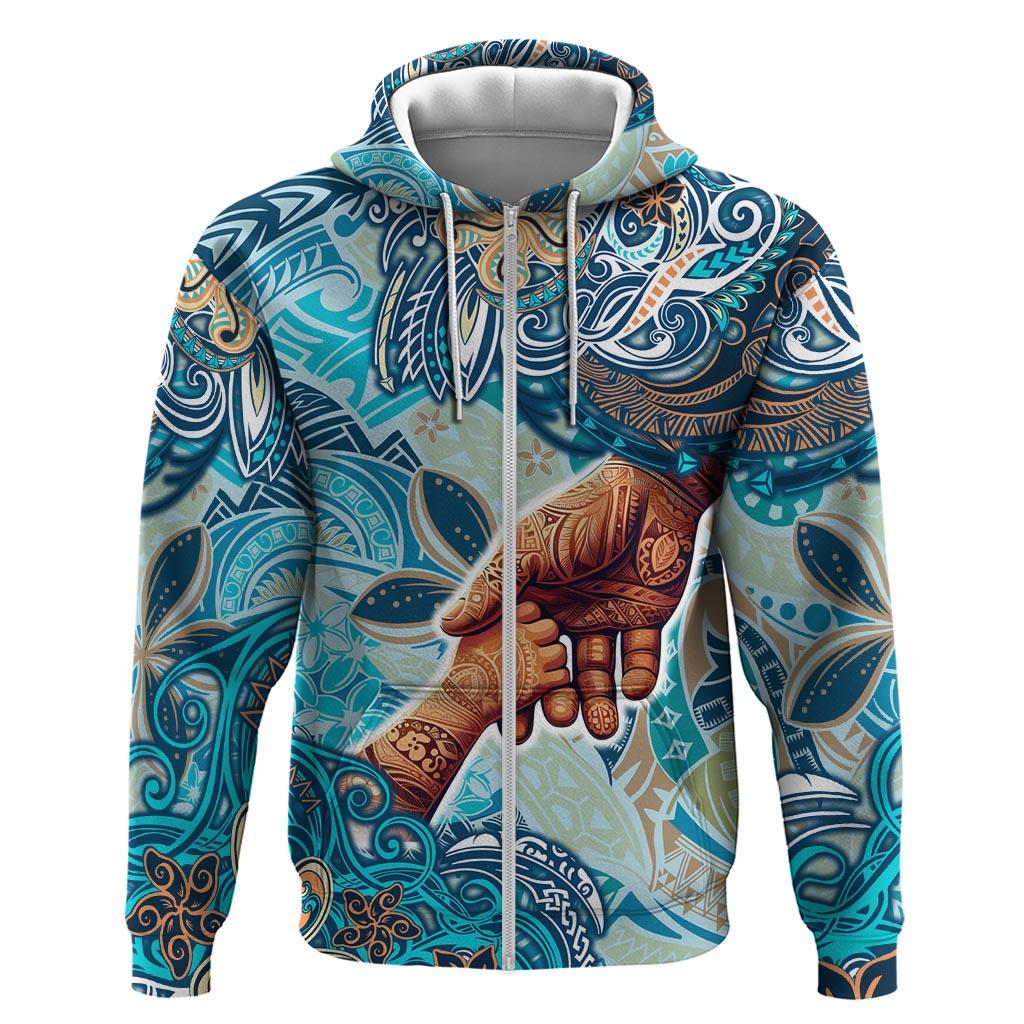 Hand In Hand Father's Day Polynesian Zip Hoodie Tribal Flower Pattern
