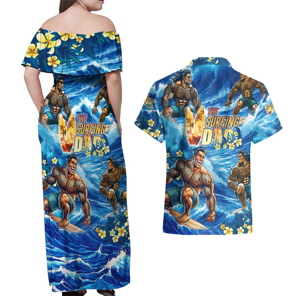 Hawaii Father's Day Couples Matching Off Shoulder Maxi Dress and Hawaiian Shirt The Surfing Dad Polynesian Tattoo