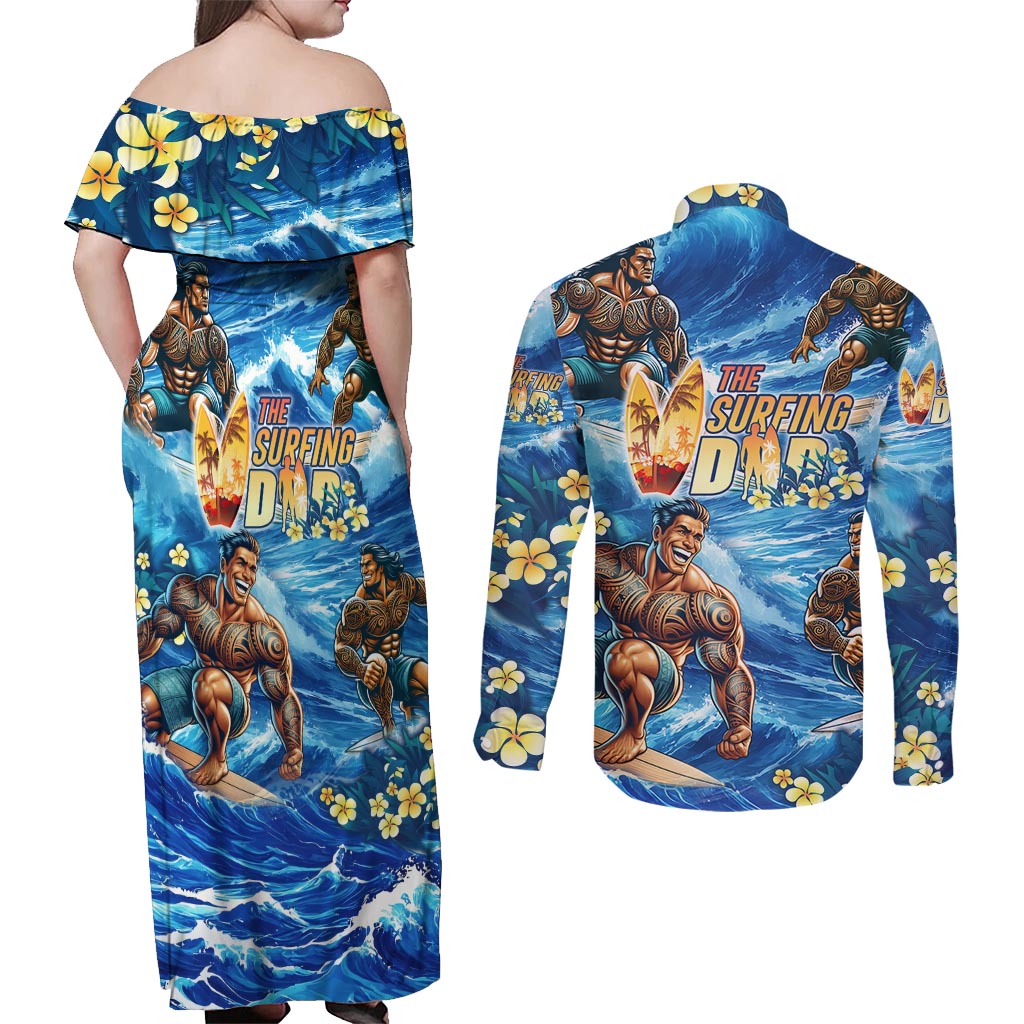 Hawaii Father's Day Couples Matching Off Shoulder Maxi Dress and Long Sleeve Button Shirt The Surfing Dad Polynesian Tattoo