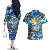 Hawaii Father's Day Couples Matching Off The Shoulder Long Sleeve Dress and Hawaiian Shirt The Surfing Dad Polynesian Tattoo