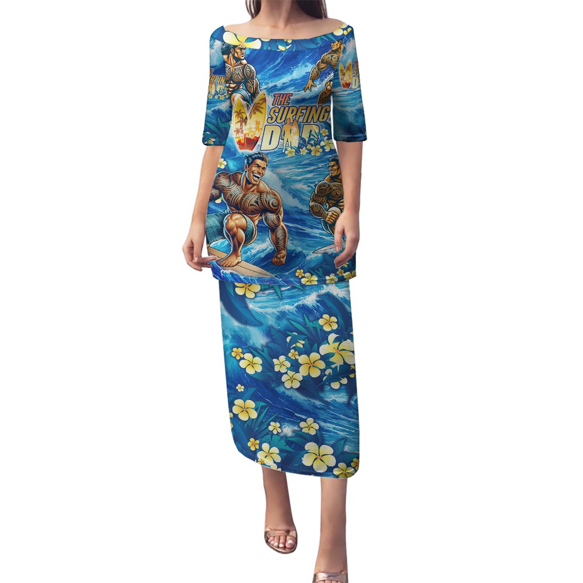 Hawaii Father's Day Family Matching Puletasi and Hawaiian Shirt The Surfing Dad Polynesian Tattoo