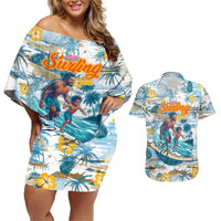 Hawaii Father's Day It's Surfing Time Couples Matching Off Shoulder Short Dress and Hawaiian Shirt Aloha Lā Makuakane