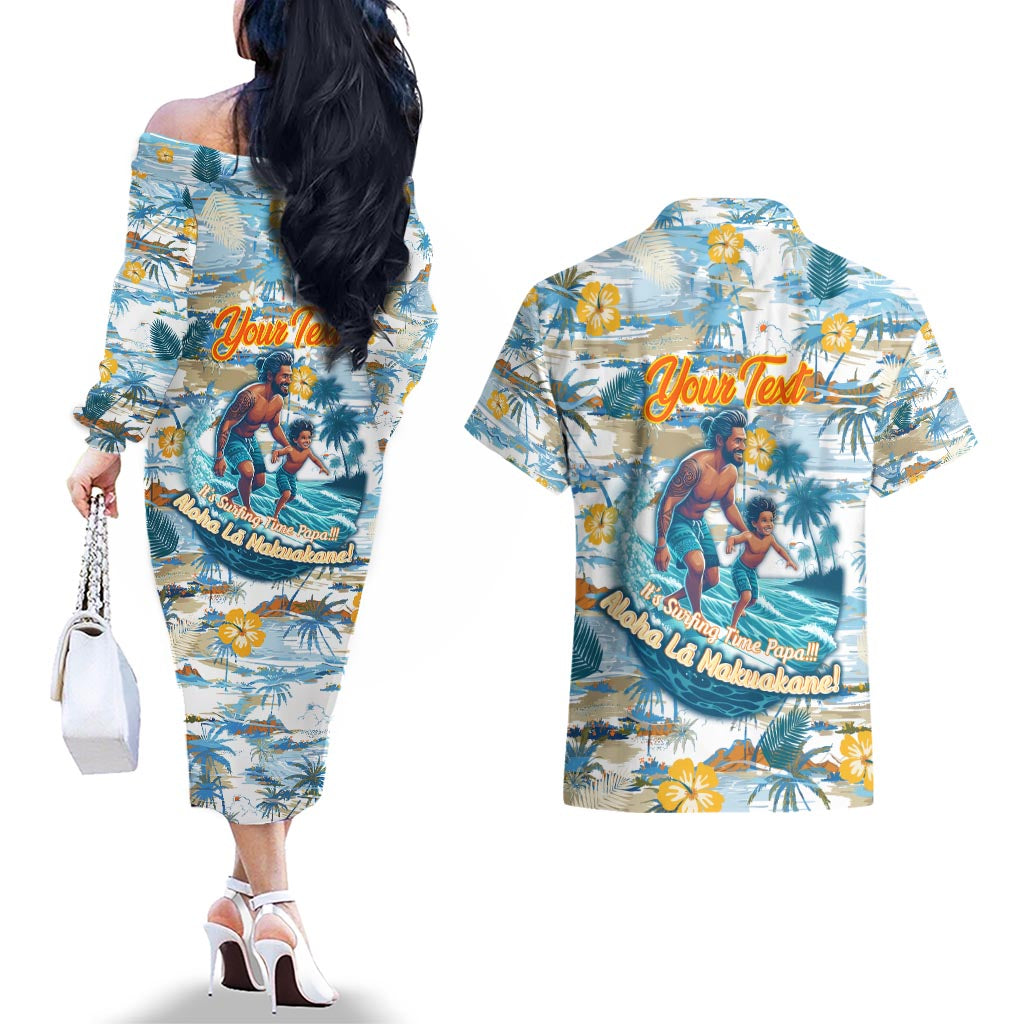 Hawaii Father's Day It's Surfing Time Couples Matching Off The Shoulder Long Sleeve Dress and Hawaiian Shirt Aloha Lā Makuakane