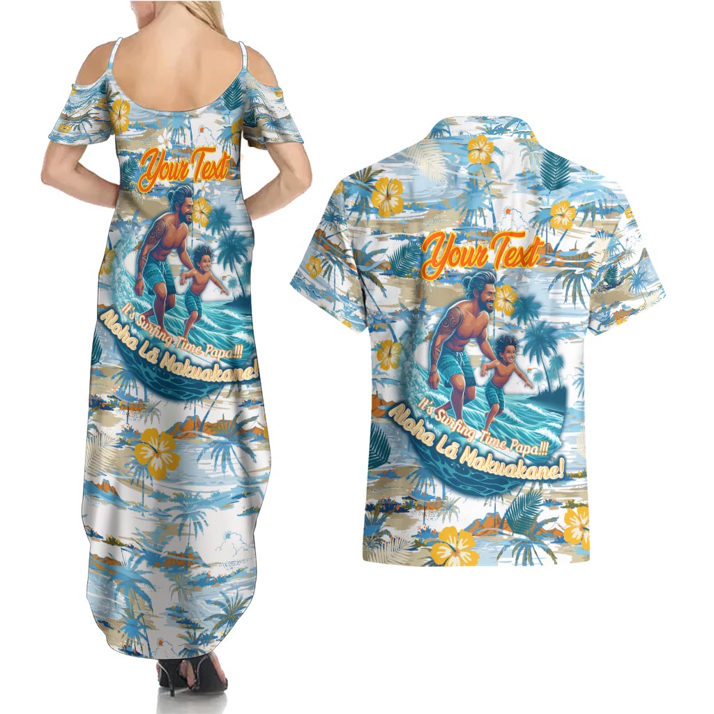 Hawaii Father's Day It's Surfing Time Couples Matching Summer Maxi Dress and Hawaiian Shirt Aloha Lā Makuakane