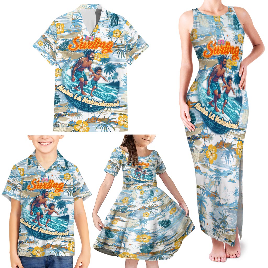Hawaii Father's Day It's Surfing Time Family Matching Tank Maxi Dress and Hawaiian Shirt Aloha Lā Makuakane