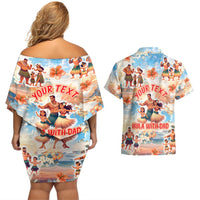 Hawaii Father's Day Couples Matching Off Shoulder Short Dress and Hawaiian Shirt Hula With Dad