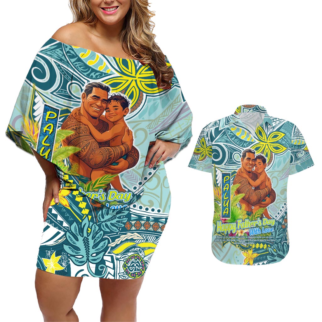 Palau Father's Day Polynesia Couples Matching Off Shoulder Short Dress and Hawaiian Shirt Dad and Son