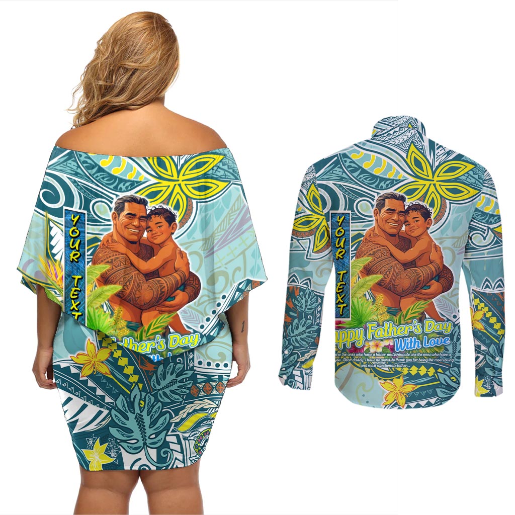 Palau Father's Day Polynesia Couples Matching Off Shoulder Short Dress and Long Sleeve Button Shirt Dad and Son