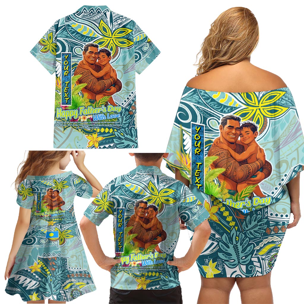 Palau Father's Day Polynesia Family Matching Off Shoulder Short Dress and Hawaiian Shirt Dad and Son